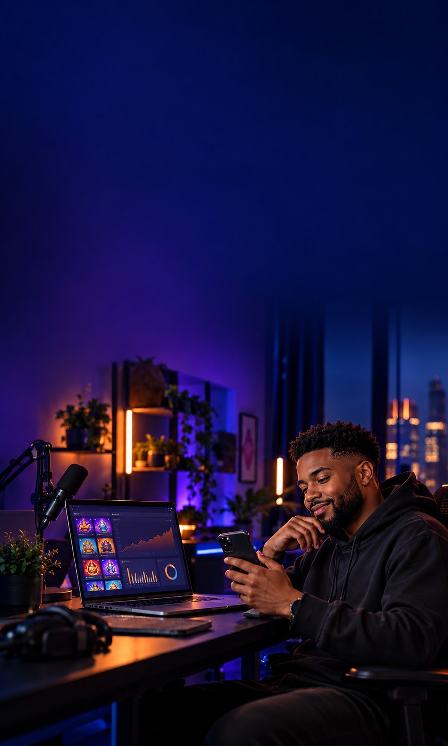 A creator reviewing affiliate performance at a premium gaming desk